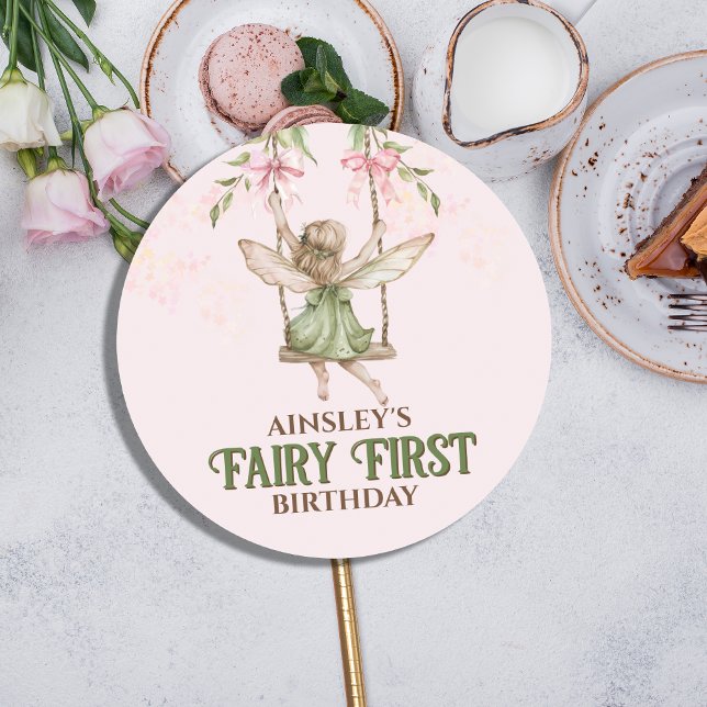 Pink Bow Fairy First 1st Birthday Personalized Classic Round Sticker (Creator Uploaded)