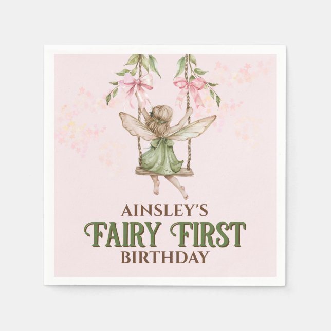 Pink Bow Fairy First 1st Birthday Personalized Napkins (Front)