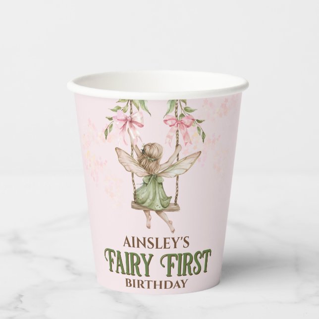 Pink Bow Fairy First 1st Birthday Personalized Paper Cups (Front)