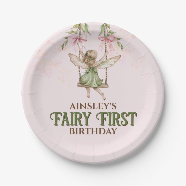Pink Bow Fairy First 1st Birthday Personalized Paper Plates (Front)
