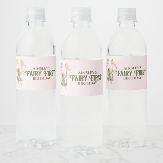 Pink Bow Fairy First 1st Birthday Personalized Water Bottle Label (Bottles)