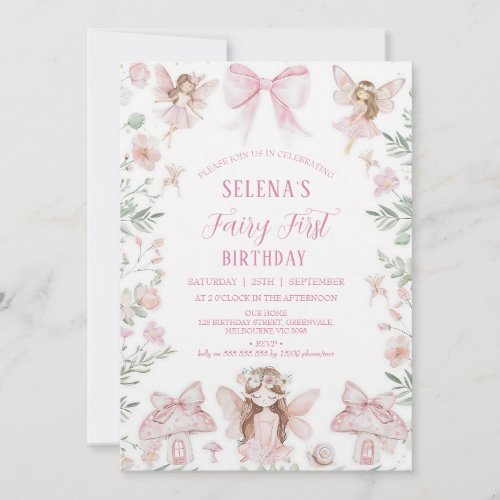 Pink Bow Fairy First Birthday Girl Invitation