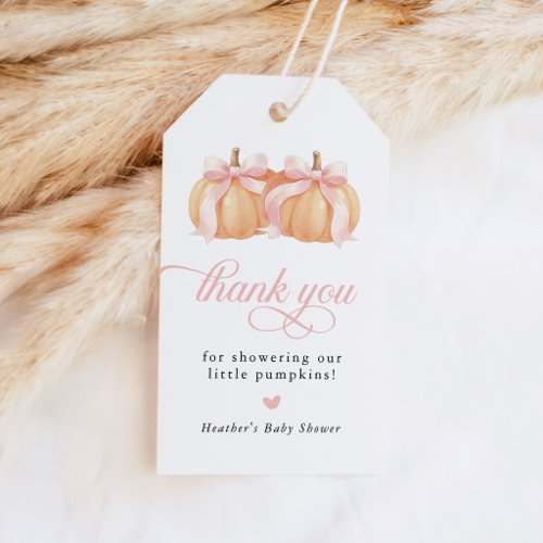 Pink Bow Fall Pumpkin Twins Baby Shower Gift Tags