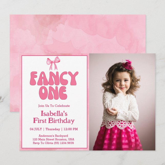 Pink Bow Fancy One Coquette Girl 1st Birthday  Invitation (Front/Back)