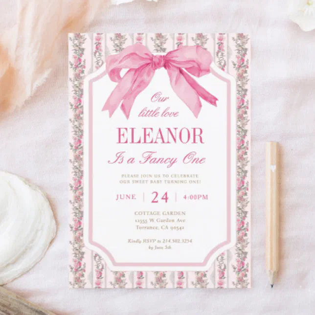 Pink Bow Fancy ONE Girl 1st Birthday Invitation | Zazzle