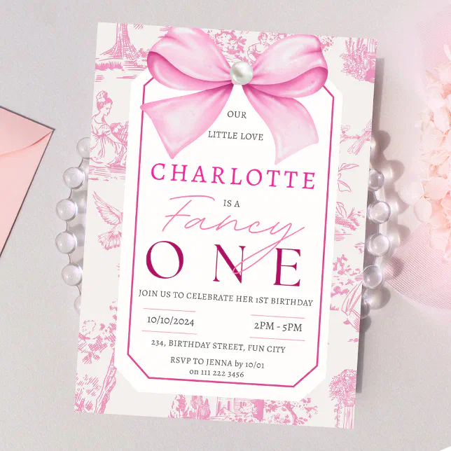 Pink Bow Fancy One Girl Chic Coquette 1st Birthday Invitation | Zazzle