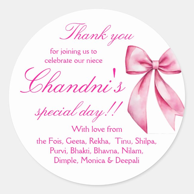 Pink bow favor thank you stickers (Front)