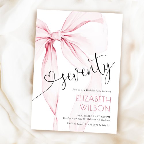 Pink Bow Feminine 70th Birthday Invitation