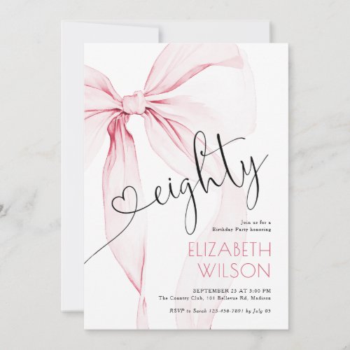 Pink Bow Feminine 80th Birthday Invitation