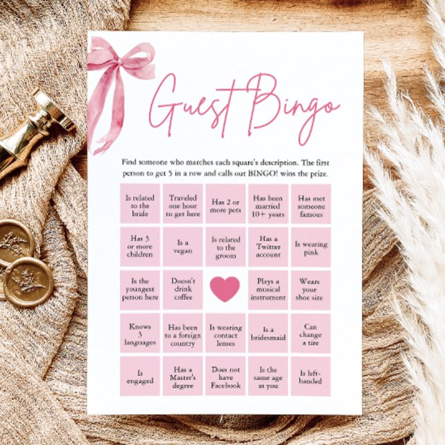 Pink Bow Find the Guest Bingo Bridal Shower Game Invitation (Creator Uploaded)