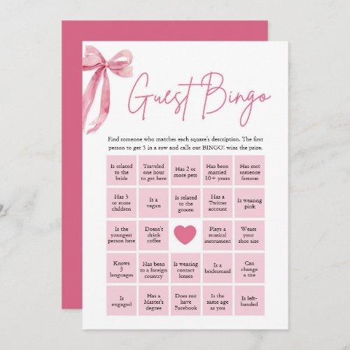 Pink Bow Find the Guest Bingo Bridal Shower Game Invitation