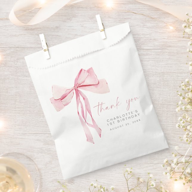 Pink Bow First Birthday Favor Bags Coquette Girl  (Clipped)