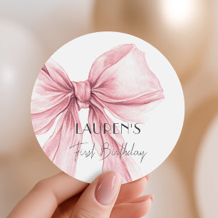 Pink Bow First Birthday Favor Classic Round Sticker