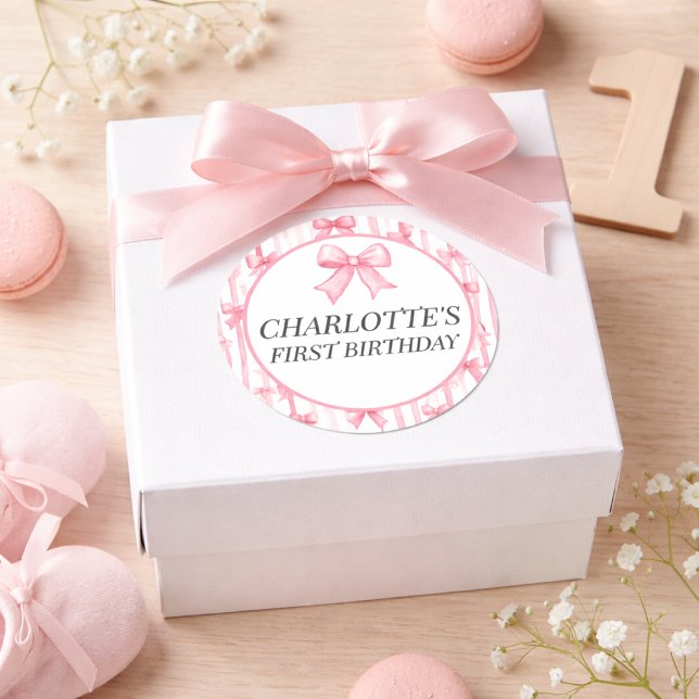 Pink Bow First Birthday Girl  Classic Round Sticker (pink bow stripes sticker)