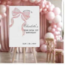 Pink Bow First Birthday Girl Welcome Sign