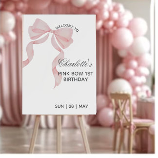 Pink Bow First Birthday Girl Welcome Sign