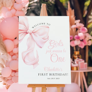 Pink Bow First Birthday Girl Welcome Sign