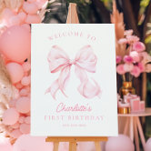 Pink Bow First Birthday Girl Welcome Sign