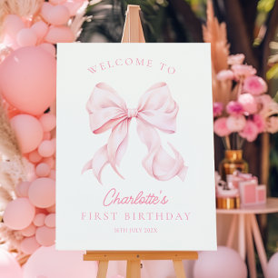 Pink Bow First Birthday Girl Welcome Sign