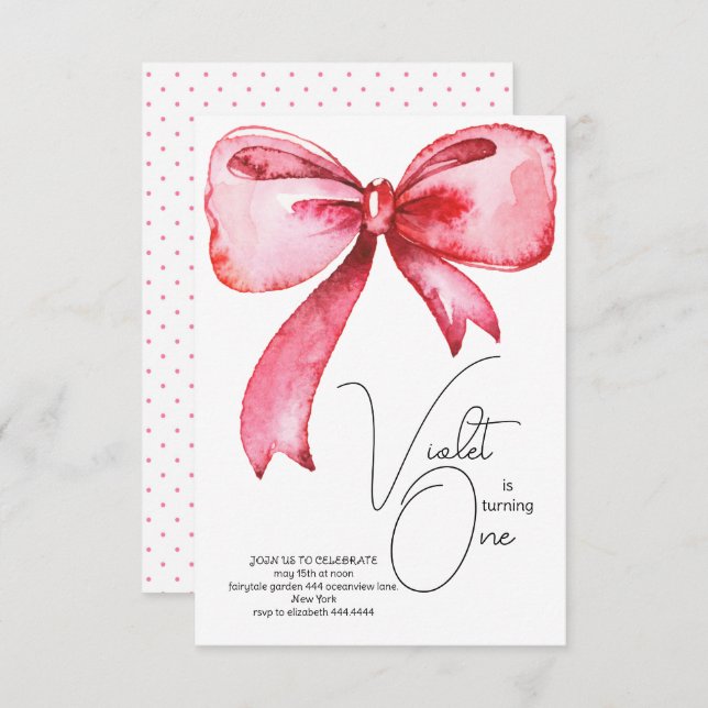 Pink Bow First Birthday Invitation (Front/Back)