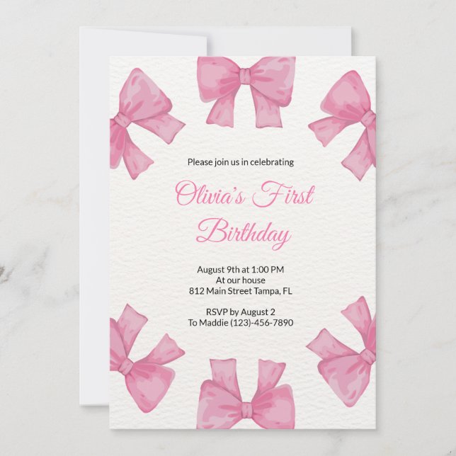Pink Bow First Birthday Invitation (Front)