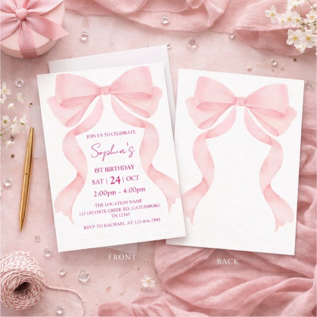 Pink Bow First Birthday Invitation (Creator Uploaded)