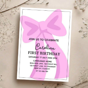 Pink Bow First Birthday Invitation Elegant Girl
