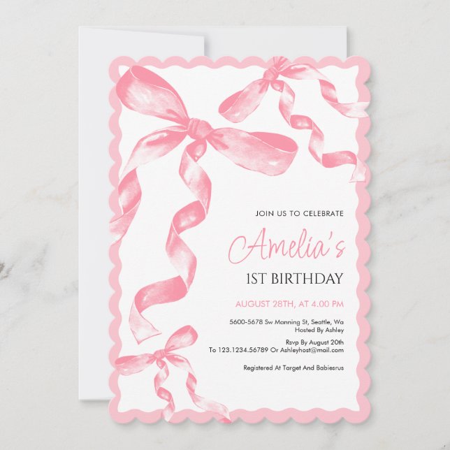 Pink Bow First Birthday Invitation, One Birthday  Invitation (Front)
