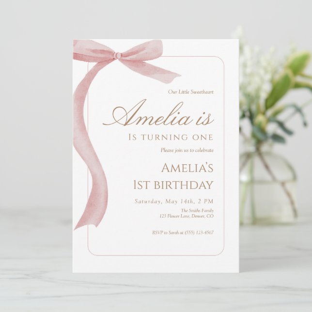 Pink Bow First Birthday Invitation Watercolor  (Standing Front)