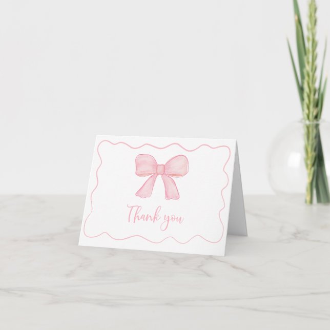 Pink Bow First Birthday Letterpress Thank You Card (Front)