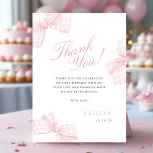 Pink Bow First Birthday Photo Thank You Card