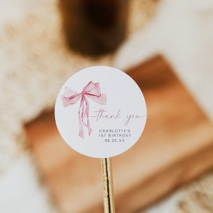 Pink Bow First Birthday Round Sticker Blush Ribbon