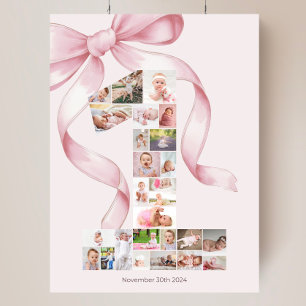 Pink Bow First Birthday Sign Photo Collage