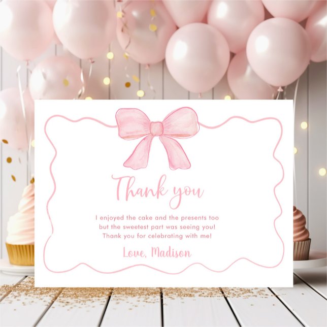 Pink Bow First Birthday Thank You Card (Creator Uploaded)