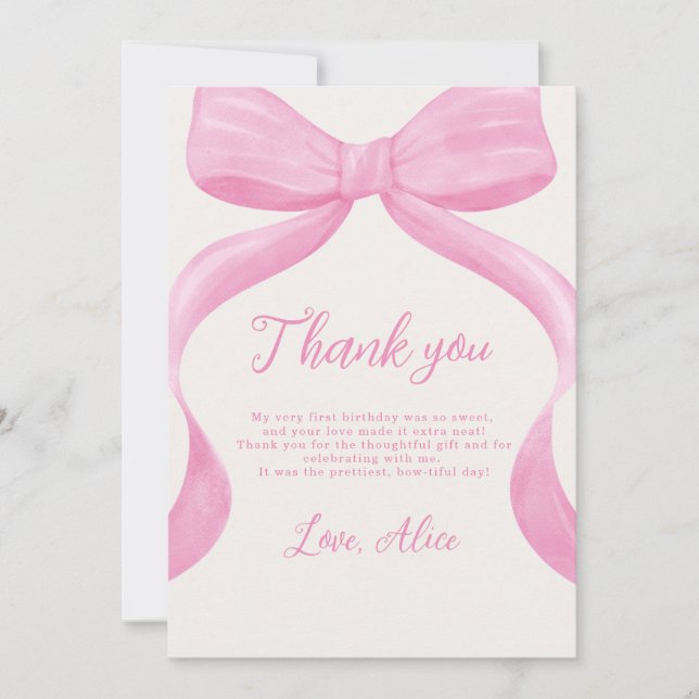Pink Bow First Birthday Thank You Card (Front)