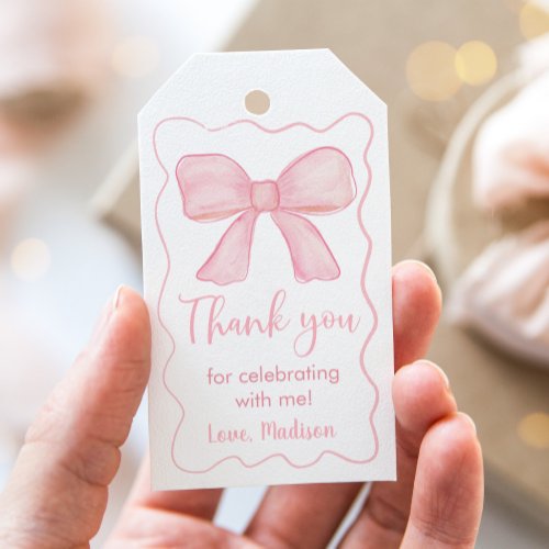 Pink Bow First Birthday Thank You Gift Tags