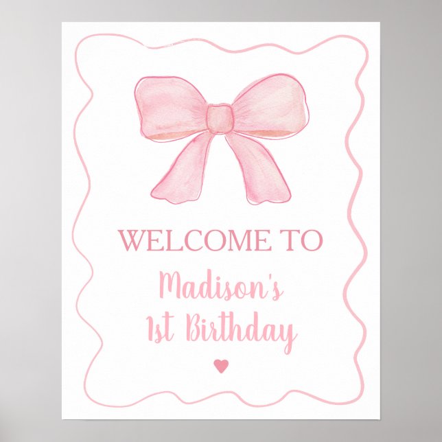 Pink Bow First Birthday Welcome Poster (Front)