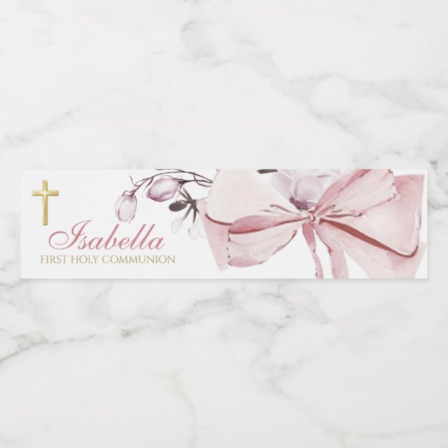 Pink Bow First Communion Water Bottle Label (Single Label)