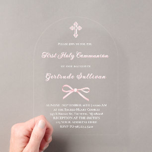 Pink bow First Holy Communion girl Acrylic Invitations