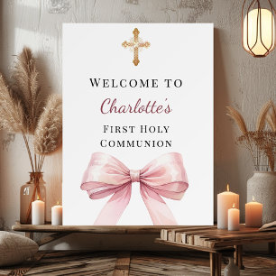 Pink bow First Holy Communion welcome Poster