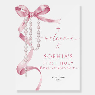 Pink Bow First Holy Communion Welcome Sign