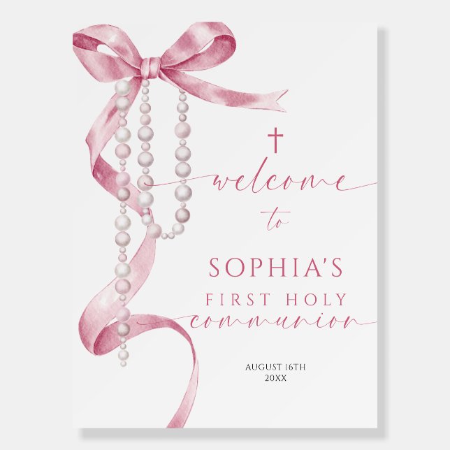 Pink Bow First Holy Communion Welcome Sign (Front)