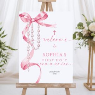 Pink Bow First Holy Communion Welcome Sign