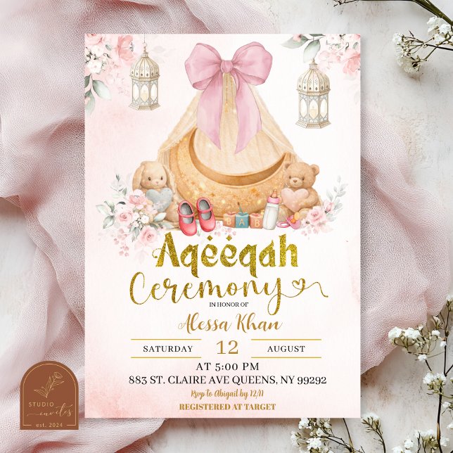Pink Bow Floral Aqeeqah Girl Invitation (Creator Uploaded)