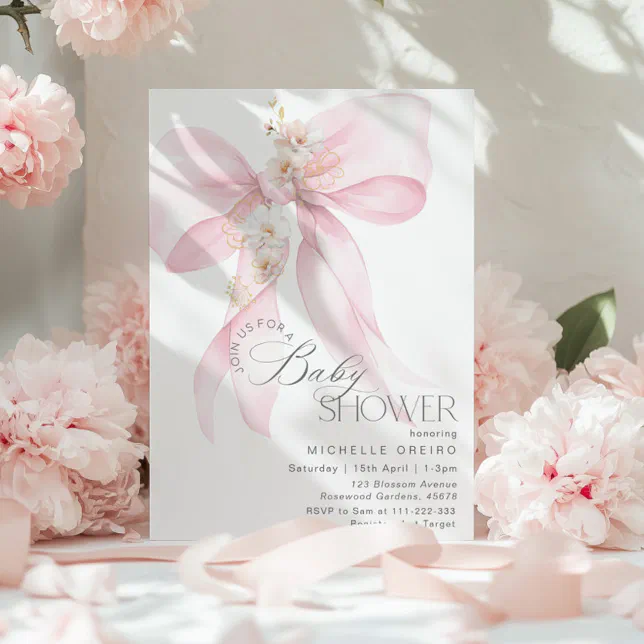 Pink Bow Floral Baby girl Shower Invitation | Zazzle