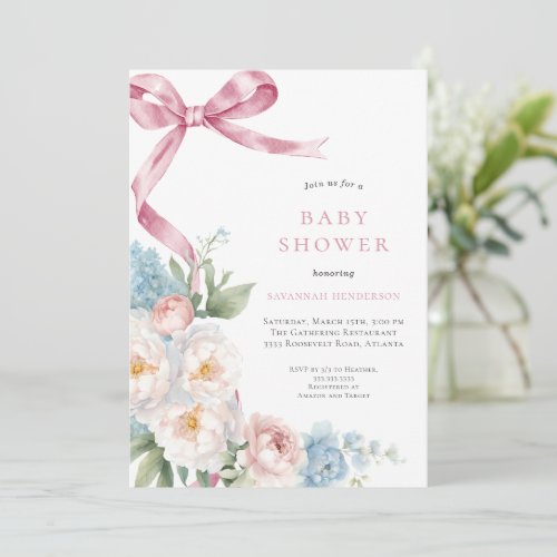 Pink Bow Floral Baby Shower Invitation