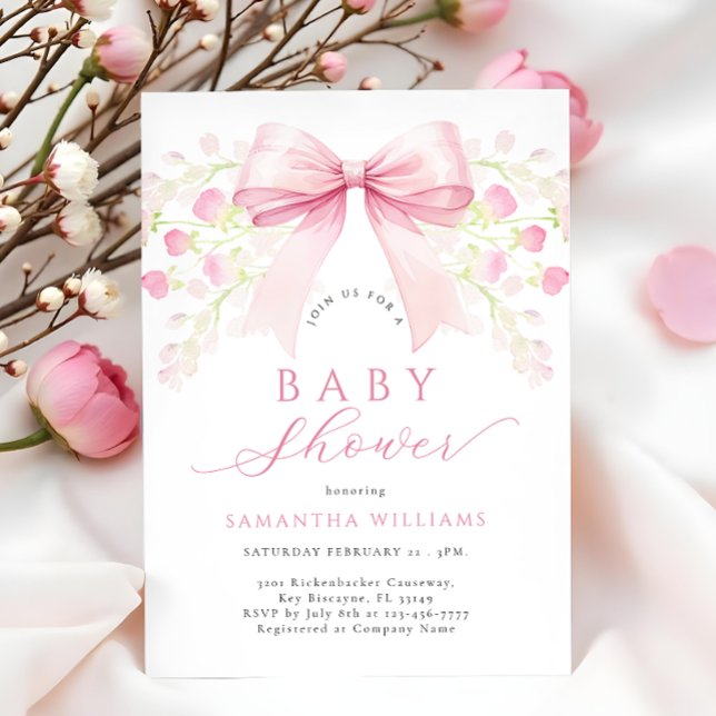 Pink Bow Floral Baby Shower Invitation (Creator Uploaded)