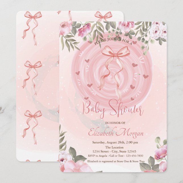 Pink Bow Floral Baby Shower  Invitation (Front/Back)