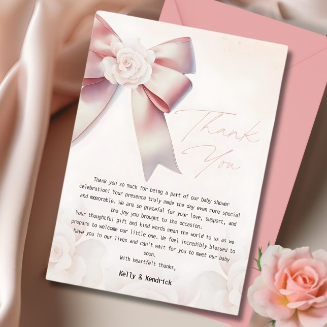 Pink Bow Floral Baby Shower  Thank You Card (Creator Uploaded)