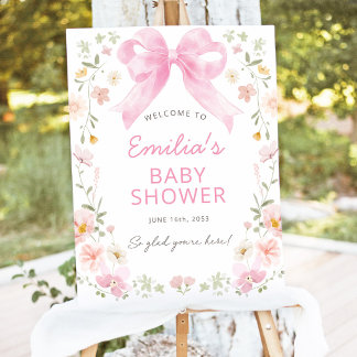 Pink Bow Floral Baby Shower Welcome Sign